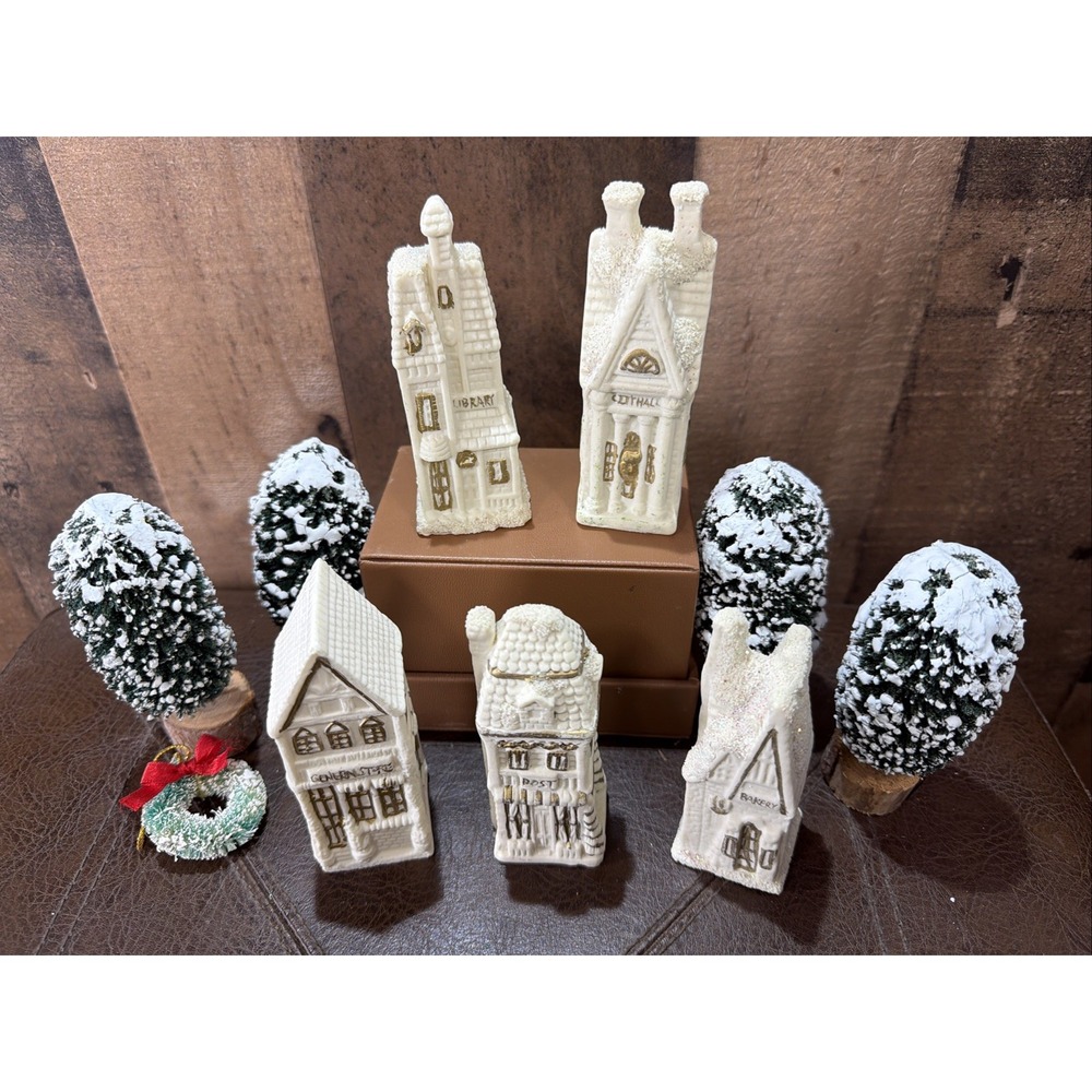 Miniature Ceramic White Gold Trim Village Houses Glitters Lot of 5 Vintage Trees